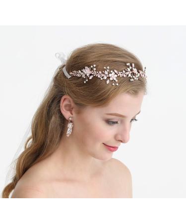 Ammei Rose Gold Wedding Headpiece with Pearls and Rhinestones - Flower Leaves Hair Vine - Buy Online on GoSupps.com
