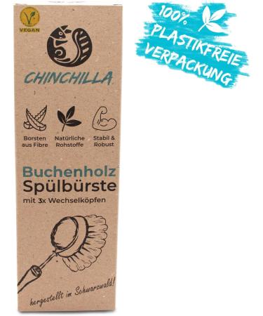 Chinchilla Rinse Brush - Eco-Friendly Beech Wood Kitchen Brush with Natural Fiber Bristles | Includes 3 Replaceable Heads | Plastic-Free & Durable - Buy Online on GoSupps.com