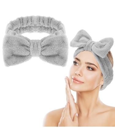 Spa Bowknot headband women spa hair band cosmetics coral fleece makeup hair bands elastic cosmetic headband wide -clamp coral fleece washing face head wrap for shower skin care sport (gray)