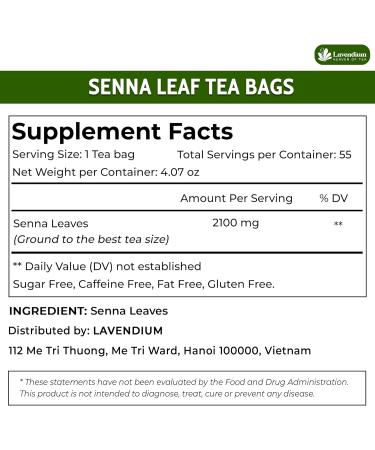 Lavendium Premium 55 Senna Leaf Tea Bags 100% Natural & Pure from Senna Leaves. Loose Leaf Senna Herbal Tea Made with Natural Material Tea Bags. No Sugar No Caffeine No Gluten Vegan. Senna 55 Bags - Buy Online on GoSupps.com
