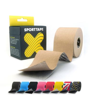 SPORTTAPE Extra Sticky Kinesiology Tape 5cm x 5m - Beige | Hypoallergenic Waterproof K Tape | Physio Medical Sports Tape for Muscle Injury Support | Uncut - Single Roll
