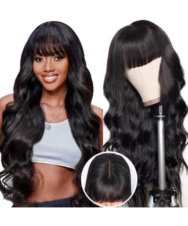 Body Wave Wig with Bangs 2x4 Lace Front Wigs Human Hair Wigs for Black Women Human Hair Glueless Closure Wigs Human Hair Wigs with Bangs 180% Density 100% Brazilian Human Hair Middle Part 22 Inch 22 Inch Natural Color