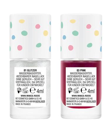 Minico Premium Kinder Nailack 2 Set - Glitzer & Pink Dermatologically Tested Vegan Sustainable Water-Based Peel-Off Nail Polish for Kids - 2 Pack - Buy Online on GoSupps.com