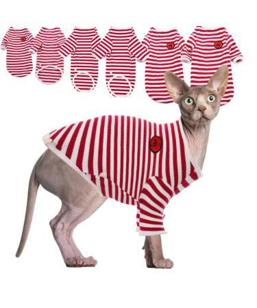 Hairless cat cotton clothing breathable summer t-shirts stripes vest pet clothing soft skin-friendly cat-friendly cat clothing cat pajama jumpsuit for sphynx cornish rex devon rex s (4.4-5.5lbs) red