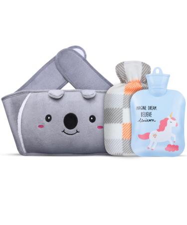 Hot Water Bottle Warm Water Bag Rubber Hot Water Pouch with Soft Plush Hand Waist Warmer Cover Cute Unicorn Hot Water Bag for Pain Relief from Arthritis Headaches Hot and Cold Therapy Grey Koala