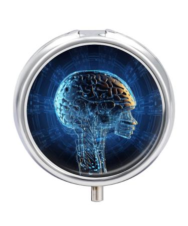 Round Pill Box Artificial Intelligence Brain Print 3 Compartment Medicine Pill Case Print Pill Organizer Decorative Metal Portable Pill Box Pocket Pill Box