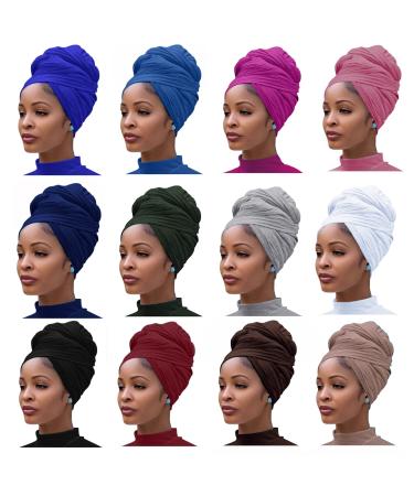 HASJOIN 12 Pieces Stretch Jersey Turban Head Wrap Knit Headbands Headwraps Urban Hair Scarf Breathable Lightweight Soft Turban Hair Wraps Solid Color Ultra Soft Hair Wrap Head Band Tie for Women Color A