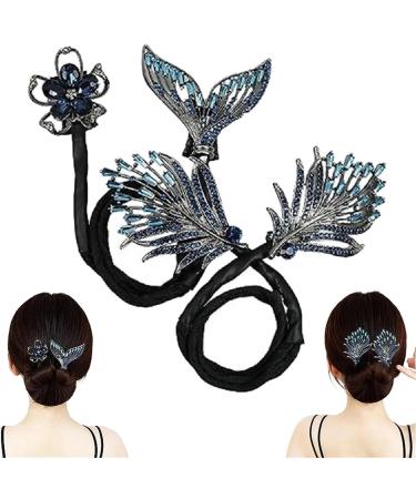 2Pcs Whale Tail Rhinestone Flower Hair Clip Rhinestone Flower Hair Clip Lazy Hair Curler Deft Bun Maker New French Whale Tail Twist Bun Hairstyle Shaper (Feather+Fishtail)
