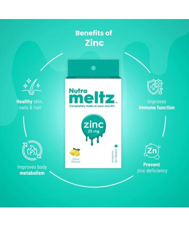 Nutrameltz Zinc 25 mg Supplement Dietary Immune Support Supplement Promotes Healthy Hair & Nails Boost Metabolism Regulation - Quick Dissolving Mouthwatering Lemon Flavour (60 Tablets) - Buy Online on GoSupps.com