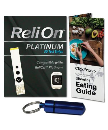 ReliOn Reli On Platinum Blood Glucose Test Strips 50 Ct Bundle plus Exclusive Diabetes Eating Guide  ClickPros Guide and Portable Pill Container (3 Items)!