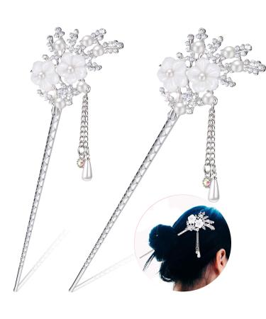 2 Pieces Rhinestone Pearl Flower Hair Stick Vintage Chinese Hair Chopsticks Vintage Tassel Hair Pin Chignon Pin Chopsticks Hair Styling Hair Making Accessories for Women (Silver) - Buy Online on GoSupps.com