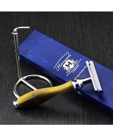 DE Safety Shaving Razor with Horn Handle & Stand | Premium Gents Grooming Essentials | Perfect Gift for Him - Buy Online on GoSupps.com
