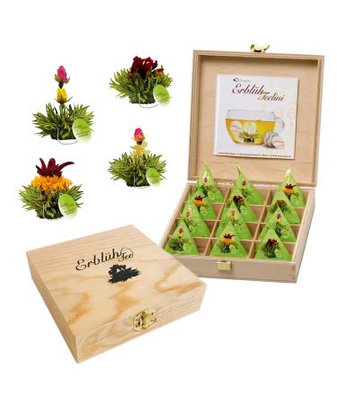 Creano Tea Flowers in Cup Size - Gift Set in Wooden Tea Box - 12 Blooming Teas in cupsize in 4 Varieties White Tea Gift For Women Mother Tea Lovers - Green Tea