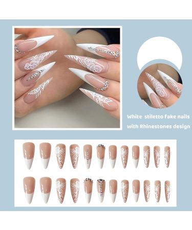 QINGGE Stiletto Press on Nails - French White Flower Design with Rhinestones - Medium Size False Nails for Women - Buy Online on GoSupps.com