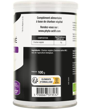  Phyto-Actif PHYTO-ACTIF | Organic Activated Charcoal | Dietary Supplement for Digestion | Reduces Excess Flatulence | Helps Reduce Gas | Contributes to Intestinal Comfort | Organic Activated Charcoal | 100g Powder - Buy Online on GoSupps.com