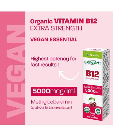 Certified Organic Vitamin B12 5000mcg Drops Methylcobalamin 50 Servings Land Art - Vegan - Sugar Free Maximum Absorption Made in Canada - Buy Online on GoSupps.com