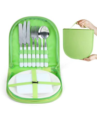 Vech Camping Silverware Kit Cutlery Organizer Utensil Picnic Set - 11 Piece Mess Kit For 2 - White Plate Spoon Butter and Serrated Knife Fork Hiking - Camp Kitchen BBQ Travel