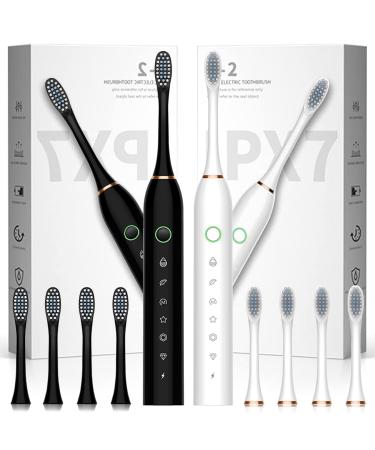 Lukern 2 Pack Sonic Electric Toothbrush, 6 Modes 42000vpm, Toothbrush with 2 Minute Built-in Timer and 8 Brush Heads,White+Black