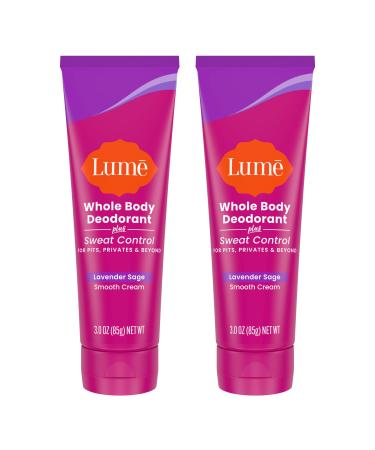 Lume Whole Body Deodorant Plus Sweat Control - Smooth Cream Tube - 72 Hour Odor And Sweat Control - Baking Soda Free Skin Loving - 3.0 ounce (Pack of 2) (Lavender Sage)