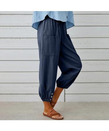 KAAUSE Linen Pants for Women - Loose Fit Cropped Work Pants with Pockets, Elastic High Waist - Navy, Large - Buy Online on GoSupps.com