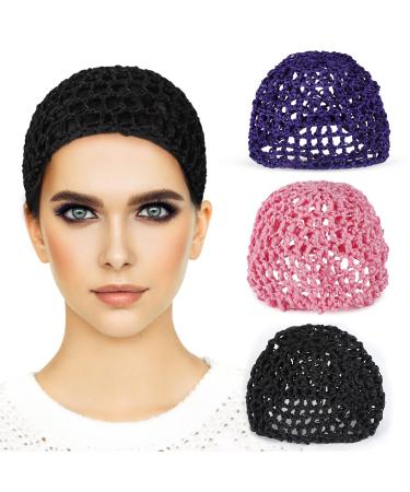 3 Pieces Mesh Crochet Hair Net Snoods for Women  Soft Rayon Knit Crochet Hairnet Hair Cover Accessory for Sleeping (Black  Pink  Purple)