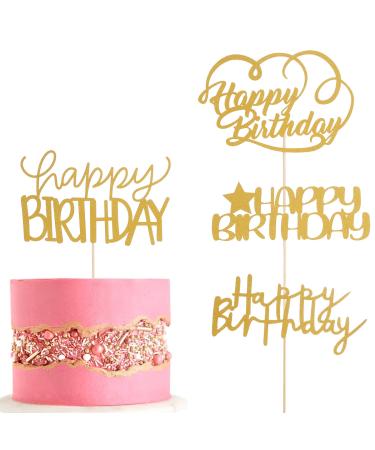 4-Pack Happy Birthday Cake Toppers - Single-side Gold Glitter 4 Style Happy Birthday Cake Decor Birthday Party Decoration Supplies for Any Age or Themed Party Photo Booth Props