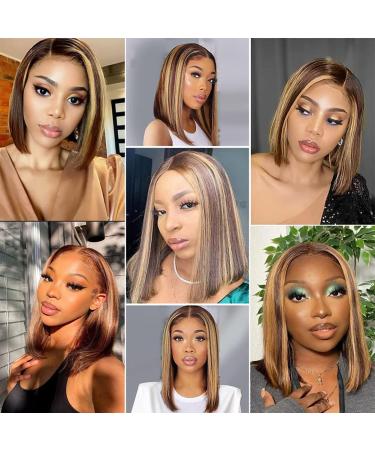 10 180% Density Highlight Ombre Bob Human Hair Wig P4/27 - HD Lace Frontal Pre Plucked - Blonde Front Wigs for Black Women - Buy Online on GoSupps.com