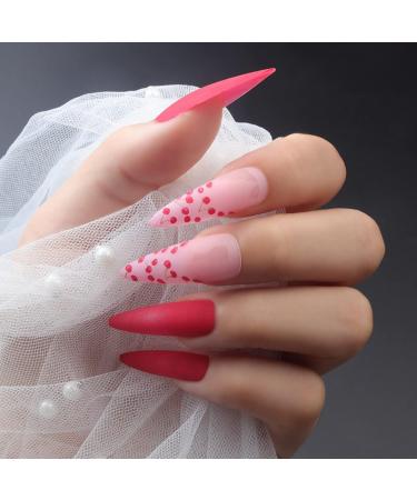 Justotry 24 Pcs Cherry Red Stiletto Fake Nails - Matte Almond Stick on Nails for Women - Long Acrylic False Nails with Glue - Nail Art Cherry& Stiletto - Buy Online on GoSupps.com