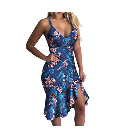 Womens Midi Dress Sexy Deep V Neck Dresses Sleeveless Bodycon Dress Ruffle Low Cut Sling Dress Mermaid Dress Dark Blue Small