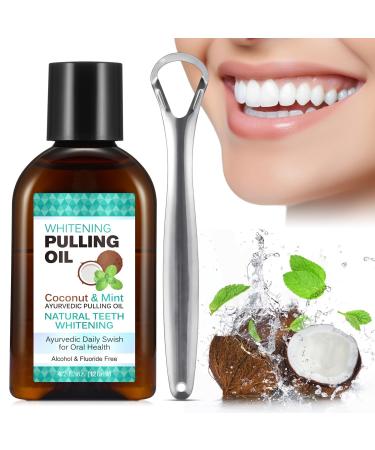Whitening Coconut Pulling Oil (4.2 Fl.Oz) with Tongue Scraper+Measuring Cup Coconut Mint Pulling Oil for Teeth Pulling Oil for Teeth Whitening and Healthier Gum&Teeth-Travel Size Clear