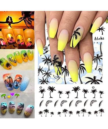 3 pcs Summer Style Coconut Trees Beach Shoes Nail Water Decals Transfer Stickers Black Feather Leaves Nail Art Stickers Tattoo Decal 1