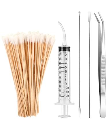 Tonsil Stone Removal Set Includes 2 Stainless Steel Tonsil Stone Removal Tools, 1 Stainless Steel Elbow Tweezers and 100 Long Swabs with 1 Curved Irrigator Syringe to Get Rid of Bad Breath