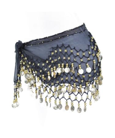Women's belly dance belt dance cloth with coins for belly dance chiffon hip cloth be stomach dance coin cloth belly dance costume hip cloth rock belly dance coin girdle dance towel belly dance 1 piece of unit size black