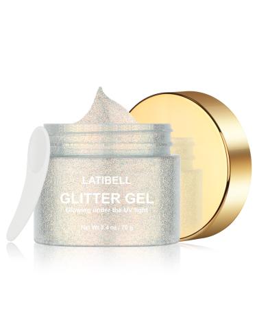 LATIBELL Silver Body Face Glitter Gel  Glow in The UV Black Light Glitter Gel Makeup  UV Body Glitter for Women  Fine Glitter Mixed with Gel for Body  Face and Hair Rave Accessories- 2.4 oz (Silver)