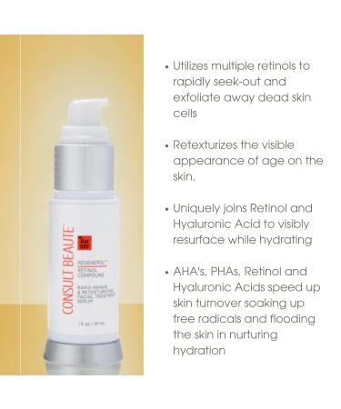 Consult Beaute Regenerol Retinol Serum - Rapid Repair Face Treatment for Lines & Wrinkles with Hyaluronic Acid & AHA - 1 Fl. Oz - Buy Online on GoSupps.com