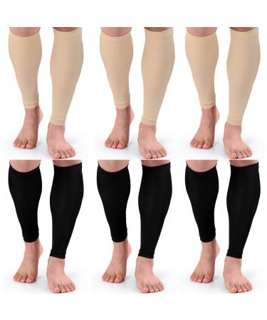 6 Pairs Leg Compression Sleeves Calf Compression Socks for Women Men Footless Leg Support Brace for Running Cycling Shin Splint Swelling Varicose Veins Pain Relief (Black and Beige,Small/Medium) Black and Beige Small/ Medium