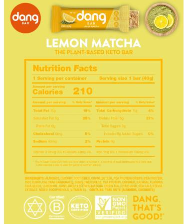 Dang Keto Bar | Lemon Matcha | 12 Pack | Keto Certified Vegan Snack | Low Carb, Low Sugar, Gluten Free, Non GMO | 5g Net Carbs, 9g Protein | Plant Based Energy Bar | Pack of 12 - Buy Online on GoSupps.com