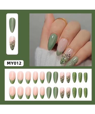 Green Press on Nails - Medium Almond Shape | Butterfly & Flower Design | Pink Glossy Ombre Fake Nails for Women | Trendy Press Ons - Buy Online on GoSupps.com
