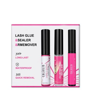 CALAILIS Cluster Lash Glue Lash Sealer and Lash Remover Kit  Super Strong Hold and Long Lasting 72 Hours Lash Bond and Seal Quick Gentle Clean Non-Irritating Lash Extension Remover Glue&Sealer&Remover