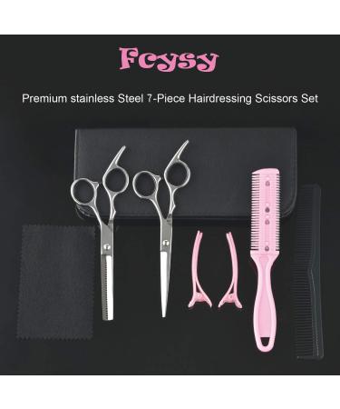 Fcysy Professional Hair Cutting Scissors Thinning Shears Kit - 7 Pcs Black | Barber Sharp Hairdressing Shears with Haircut Accessories in Leather Case for Women, Men, and Pets - Buy Online on GoSupps.com