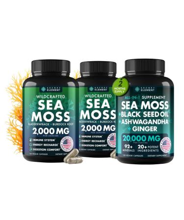Sea Moss Bundle Wildcrafted Irish Sea Moss Capsules with Burdock Root Bladderwrack Muira Puama + Seamoss Black Seed Oil Ashwagandha & Ginger 360 Vegan Capsules