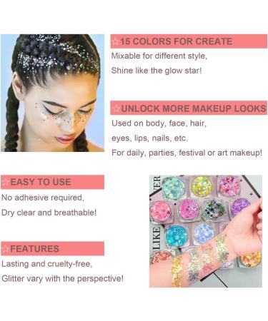 15 Colors Face & Body Glitter Gel - Long-Lasting Mermaid Sequins Chunky Glitter for Makeup, Hair, Nails - Aloe Vera Infused - Ideal for Festivals & Parties - 52.5g - Buy Online on GoSupps.com