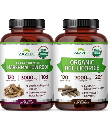 Zazzee USDA Organic Gut Lining Support Bundle | 20:1 DGL Licorice Root Plus Marshmallow Root Capsules | Non-GMO Vegan & ISO Lab Tested (120 Servings Each)