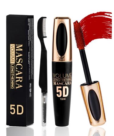 Red Mascara Waterproof Voluminous Colored Mascara Smudge-proof Color Tubing Mascara Volume and Length Longlasting Lengthening Fast Dry 5D Thick Fiber Cat Eye Mascara for Women Makeup Party Stage Use