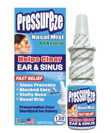 Pressureze All Natural Preservative-Free Sterile Nasal Spray - Fast Relief Nasal Spray - for Sinus Allergies Congestion Blocked Ears Loud Snoring | 130 Sprays, 18 ml 0.6 Fl Oz (Pack of 1)