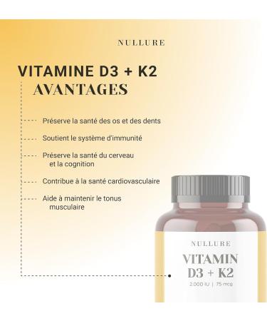 Nullure Vitamin D3 K2 (MK7) Natural | 2000 UI | Balanced Daily Formulation for Easy Assimilation I Immune System Cardiovascular Bone Teeth Muscles |180 Capsules (6 Months) - Buy Online on GoSupps.com