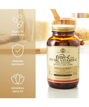 Solgar Ester-C Plus 500mg Vitamin C Capsules - 250 Vegetarian Capsules - Gentle, Non-Acidic Formula for Immune Support - Antioxidant, Non-GMO, Vegan, Gluten-Free, Kosher - Buy Online on GoSupps.com