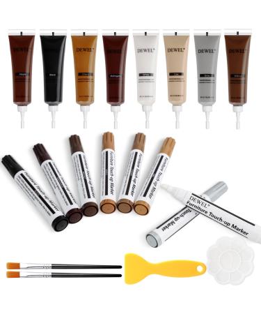 DEWEL 8 Colors Wood Furniture Repair Kit - Wood Fillers and Touch Up Markers Upgrade Wood Furniture Repair Kit Repair Scratch Cracks Discoloration for Wooden Door Floor Table Cabinet Set of 20
