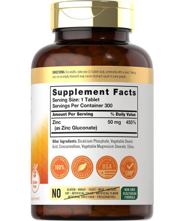 Carlyle Zinc 50mg 300 Tablets - Vegetarian, Non-GMO, Gluten Free Zinc Gluconate Supplement - High Potency Formula - Buy Online on GoSupps.com