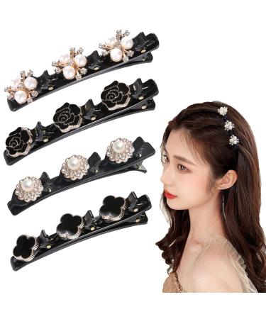 ALMDA Sparkling Pearl Braided Hair Clips  4 pcs Hairpin Satin Fabric Hair Bands  Rhinestones Double Layer Mini Hair Clips  Flower Styling No-Slip Clips for Women Girls (B)